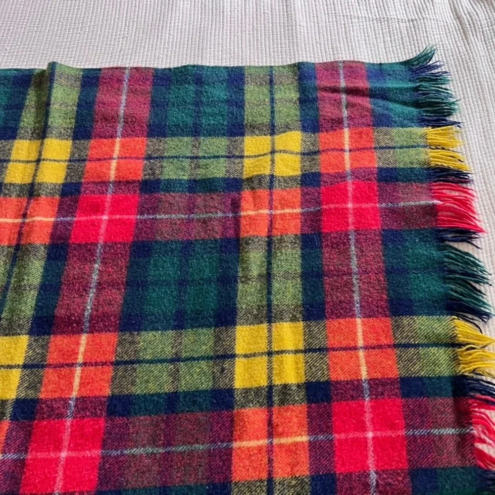 Vintage Tartan Plaid Wool‎ Blanket Throw Fringe Red Green Yellow Blue Cozy 47x50